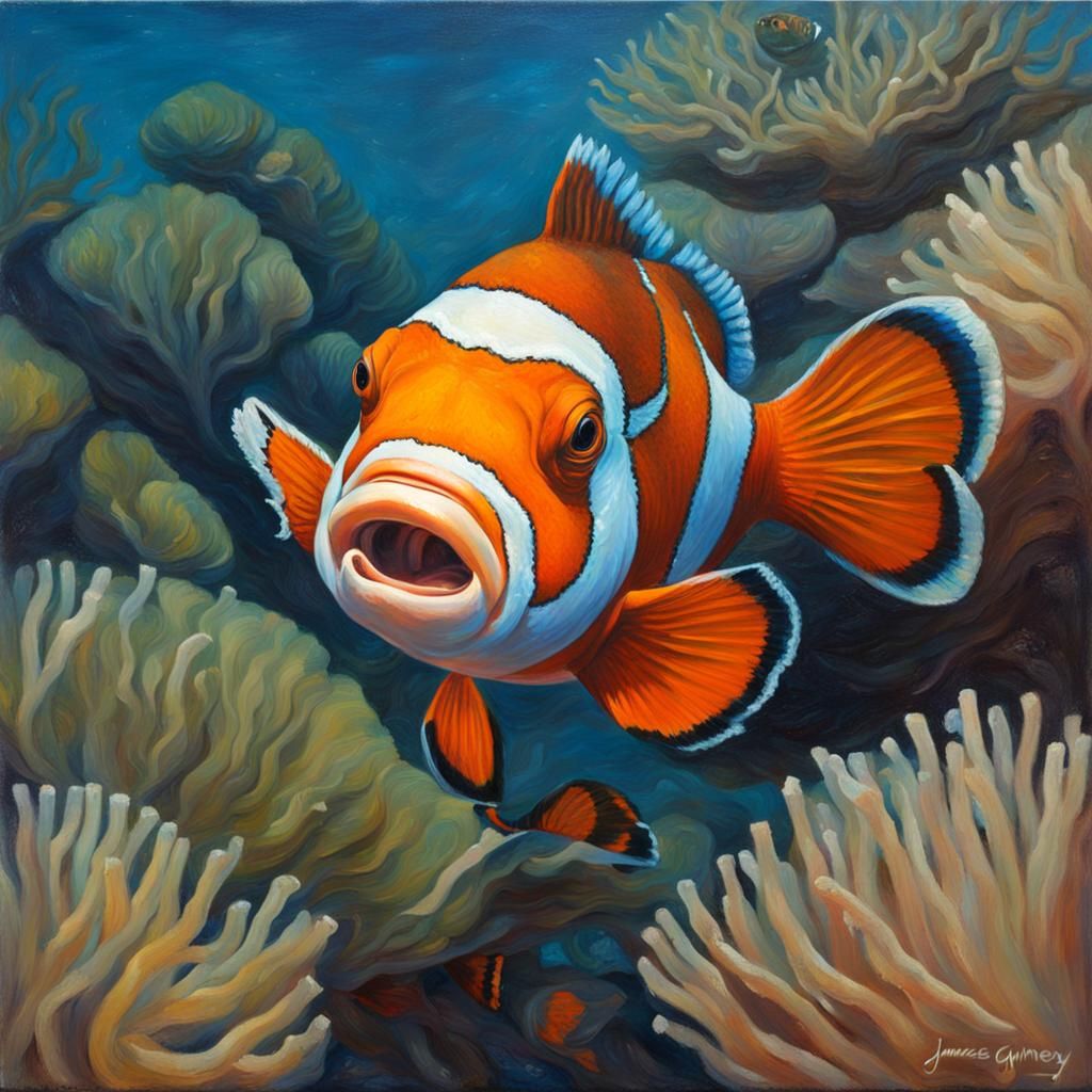 Giant Clownfish Stares from an Oil Painting