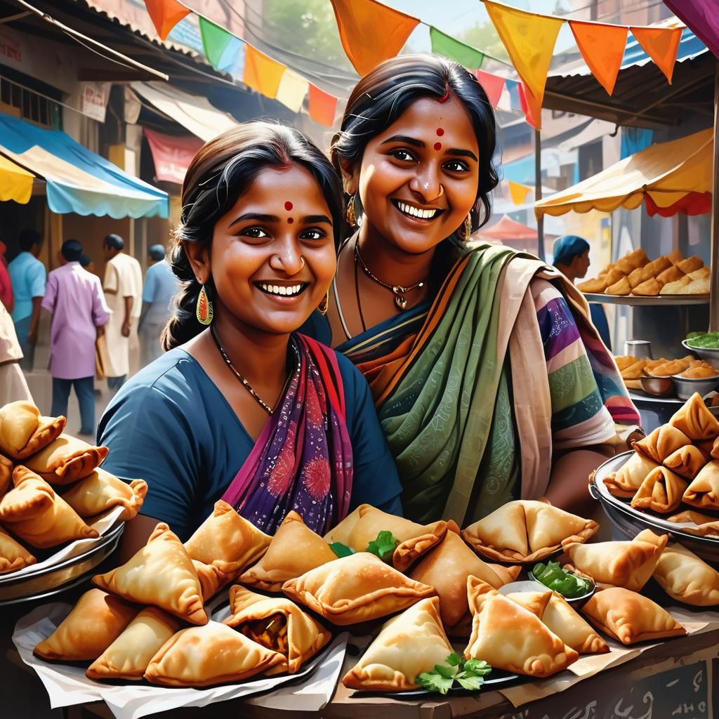Happy Indian Woman Selling Samosas: Splash Art