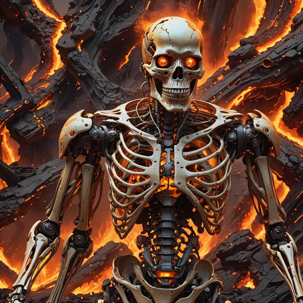 Robotic Skeleton Engulfed in Lava Heat: Digital Matte Painti...