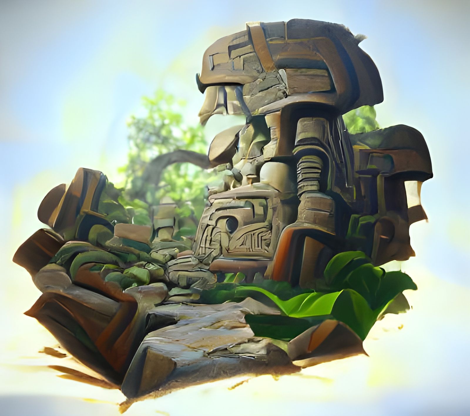 Olmec Ruins in Forest, Oil Painting Style