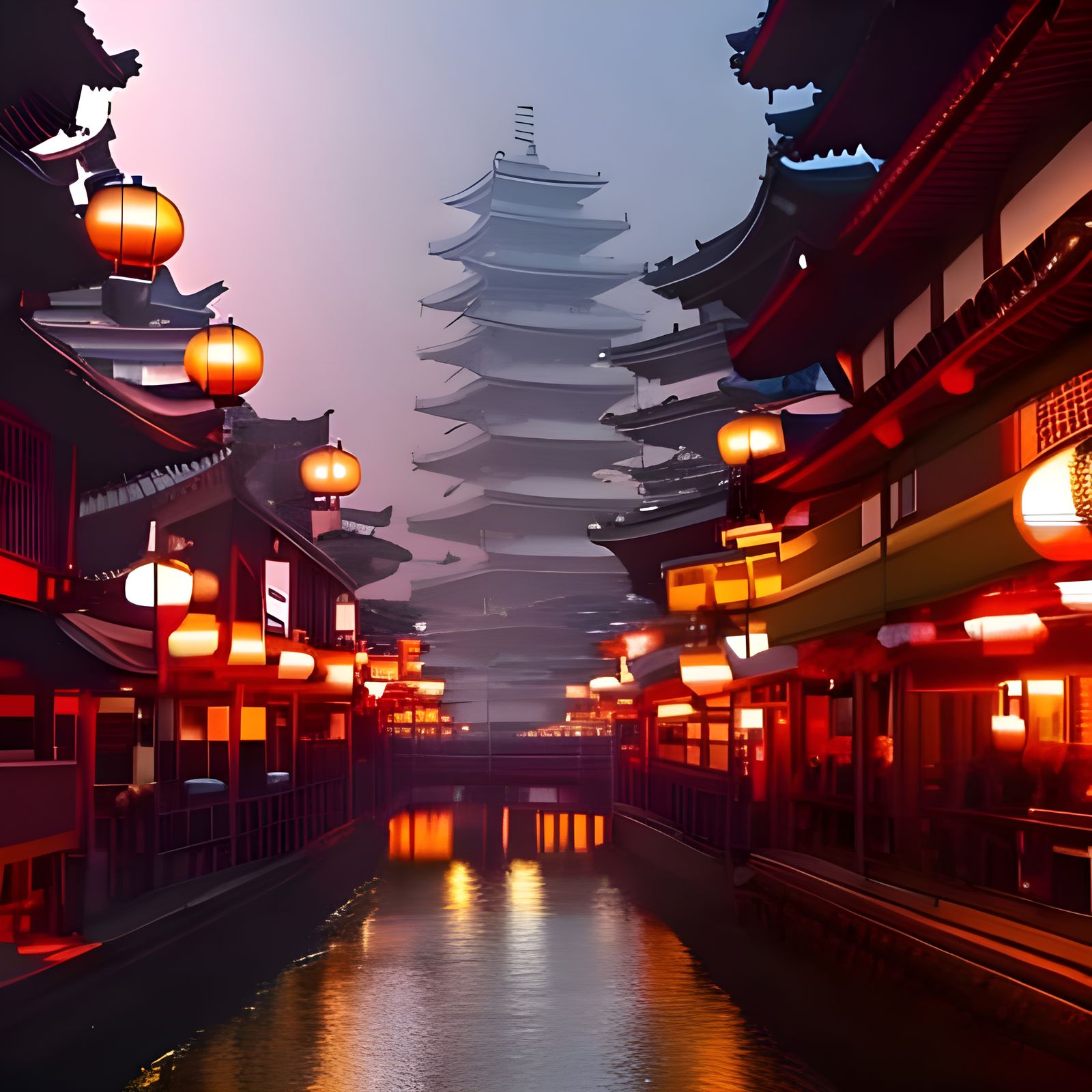 Colorful Japanese City at Night with Temple Buildings