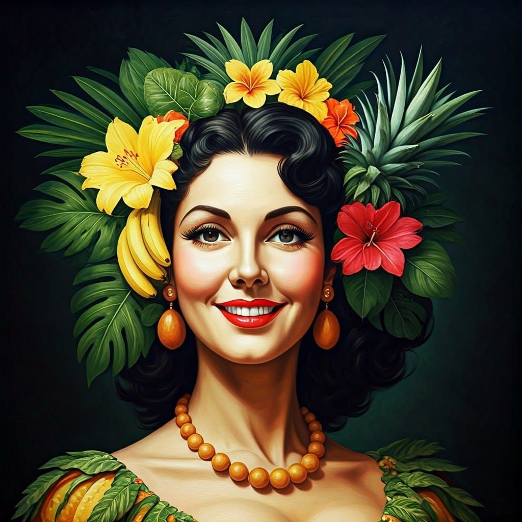 Tropical Fruit Carnival Queen in Oil Painting Style