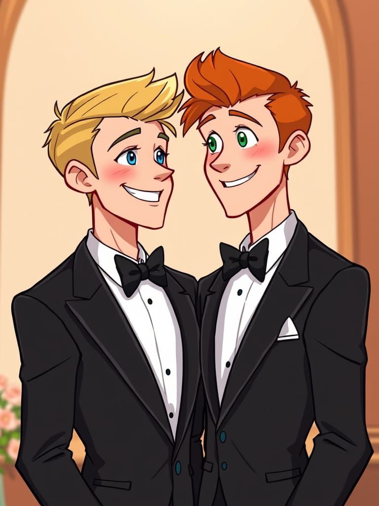 Two Grooms Exchange Vows in Whimsical Wedding Scene