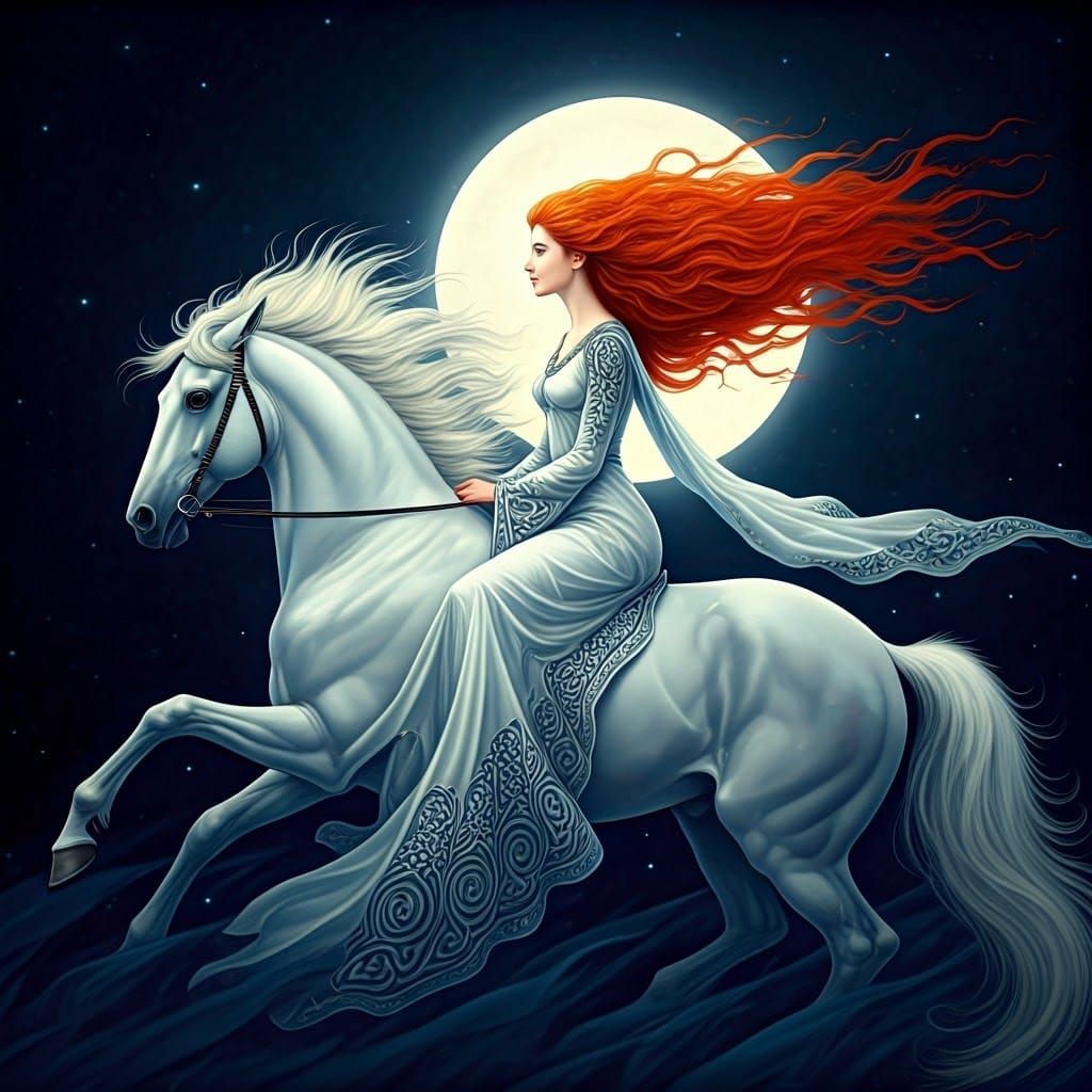Goddess Rhiannon on White Mare in Night Sky