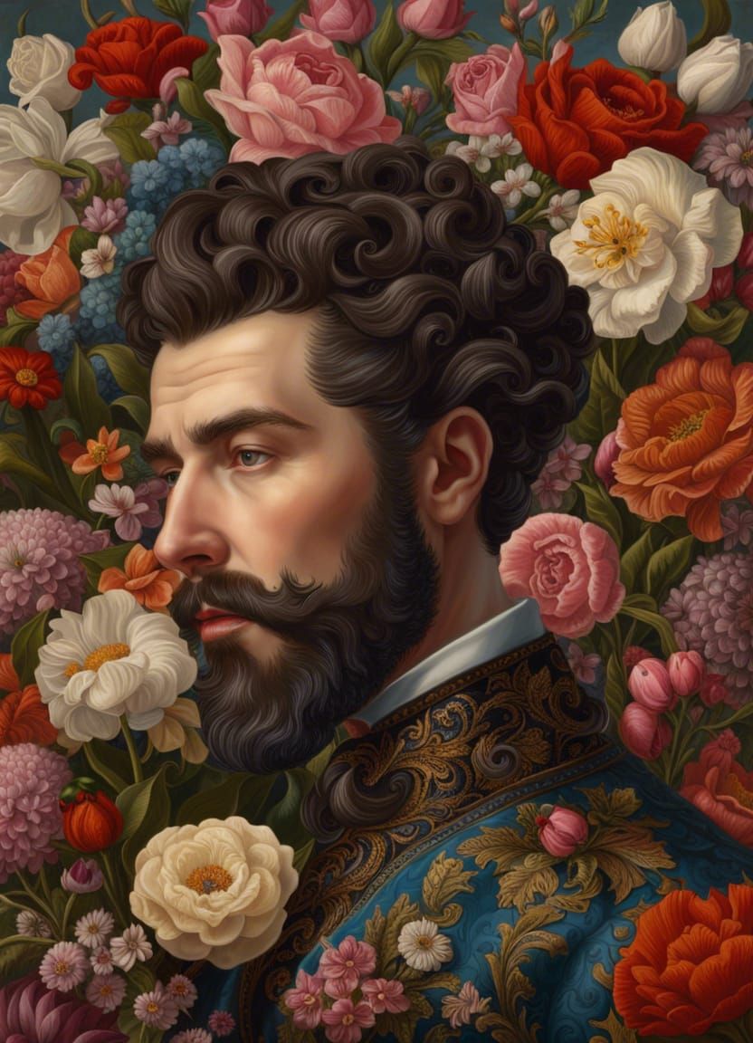 Floral Beard Portrait in Rococo Art Nouveau Style