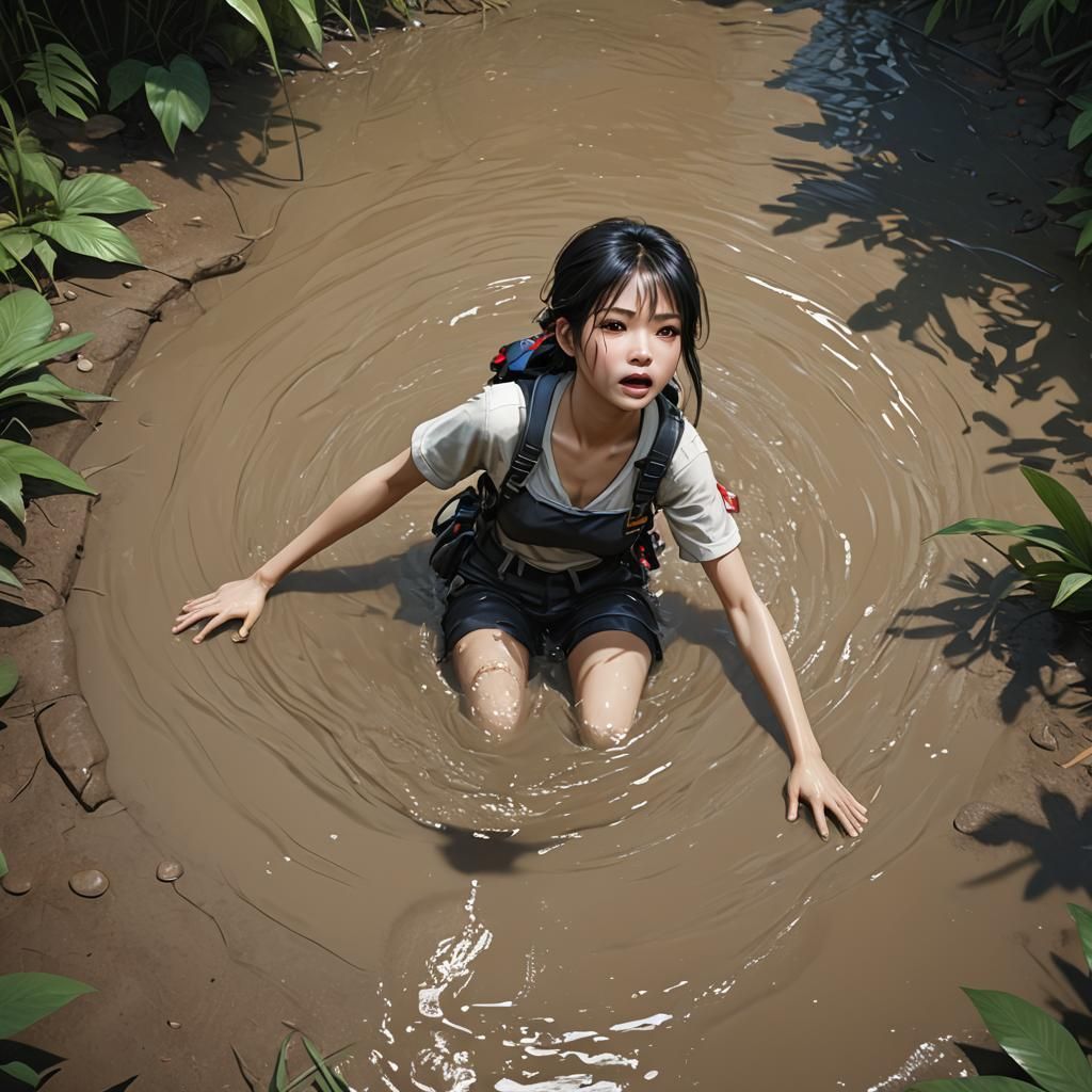 Anime Style Image of Woman Sinking in Quicksand