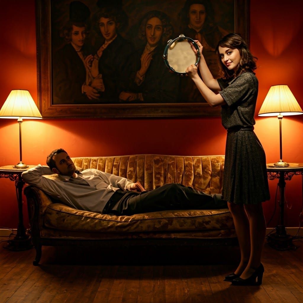 Man Relaxing on Velvet Sofa with Mysterious Woman