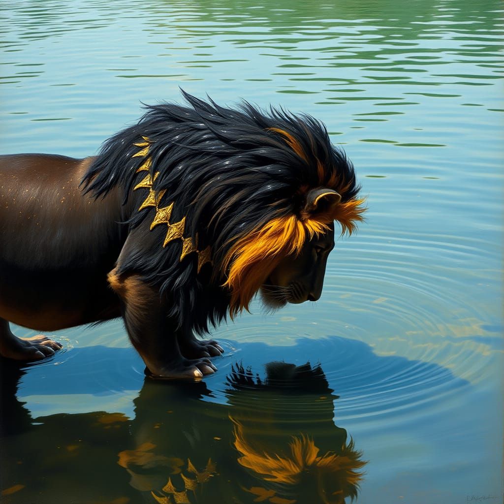 Golden Lion Drinks from Crystal Clear Waters in Majestic Spl...