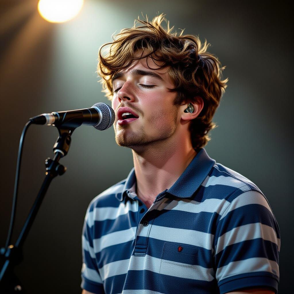 Young Man Singing with Eyes Closed in Moody Cinematic Style