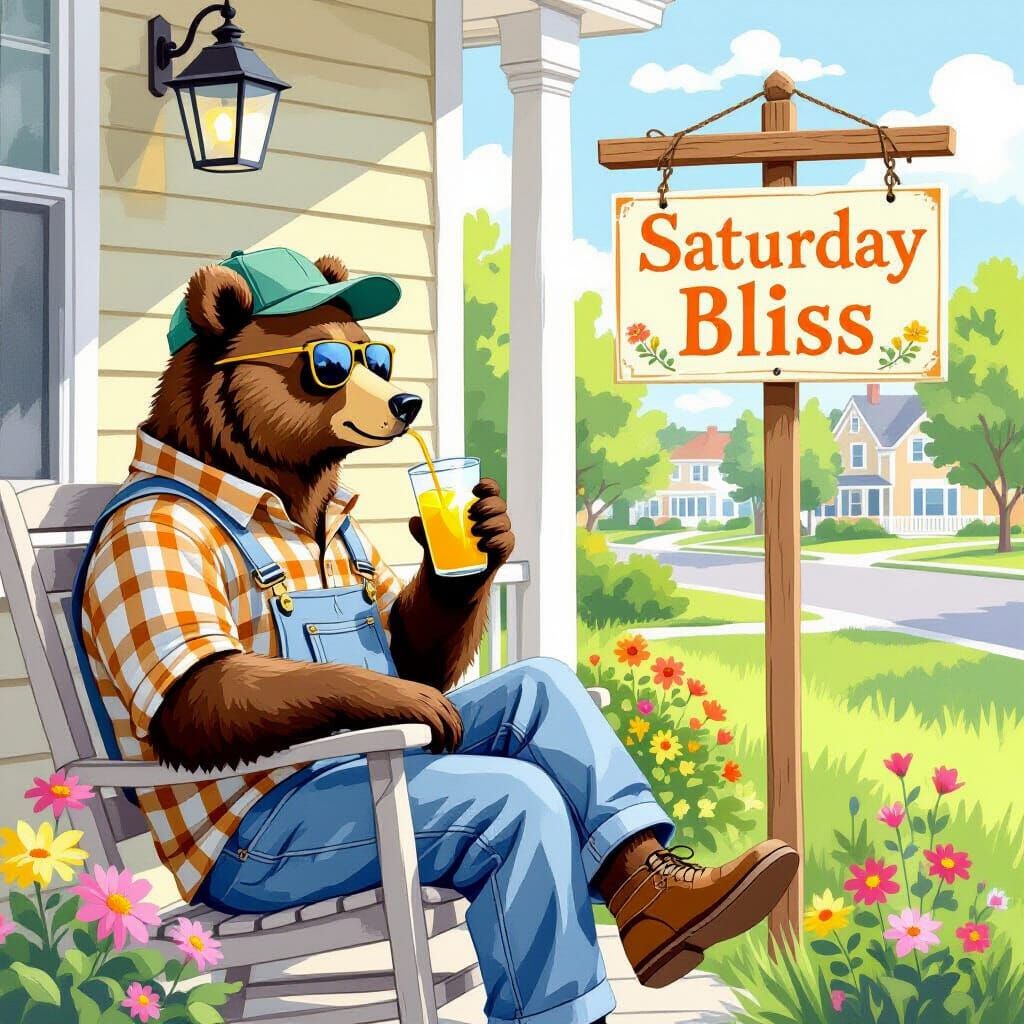 Bear Enjoys Lemonade in Folk Art Style