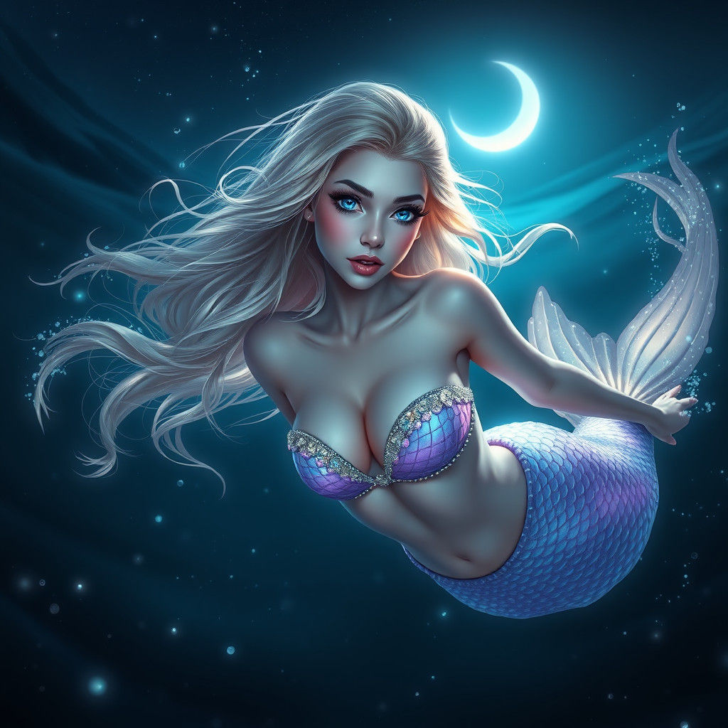 Bioluminescent Mermaid in Dark Ocean, Fantasy Concept Art
