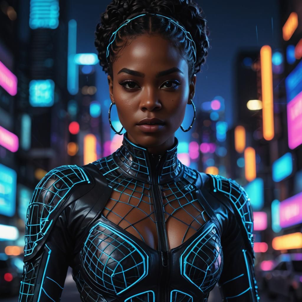 Black Girl in Neon-Lit Futuristic Net Suit