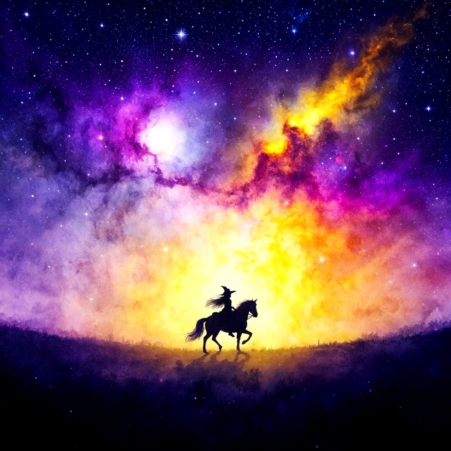 Witch Rides Celestial Steed Through Starry Cosmos