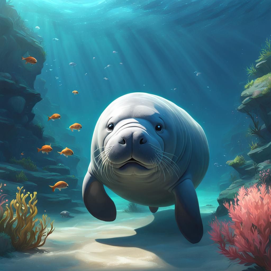 Adorable Manatee in the Sea: 3D Anime Art