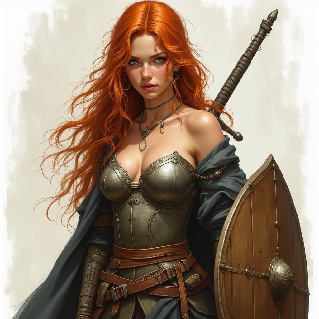 Half-Elf Female Fighter in Detailed Painting Style