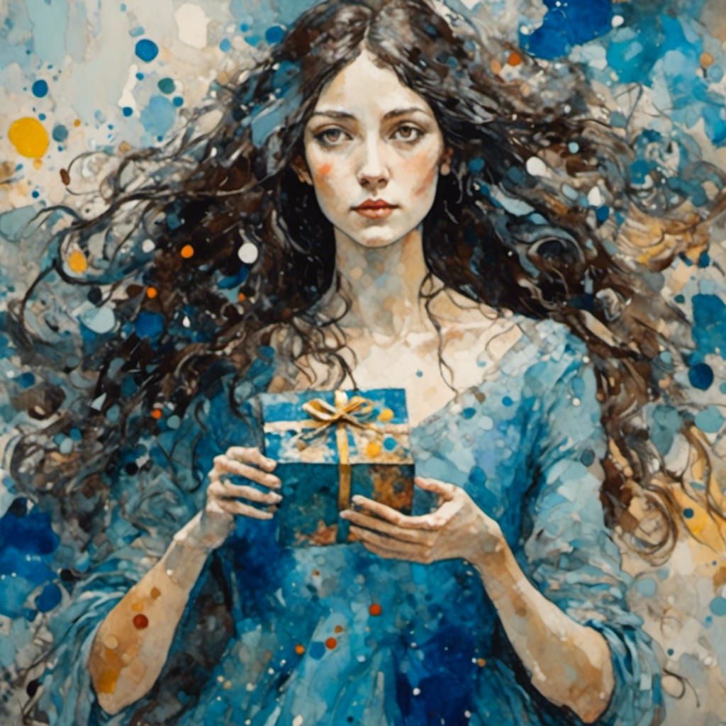 Woman Holding Present in Abstract Expressionist Style