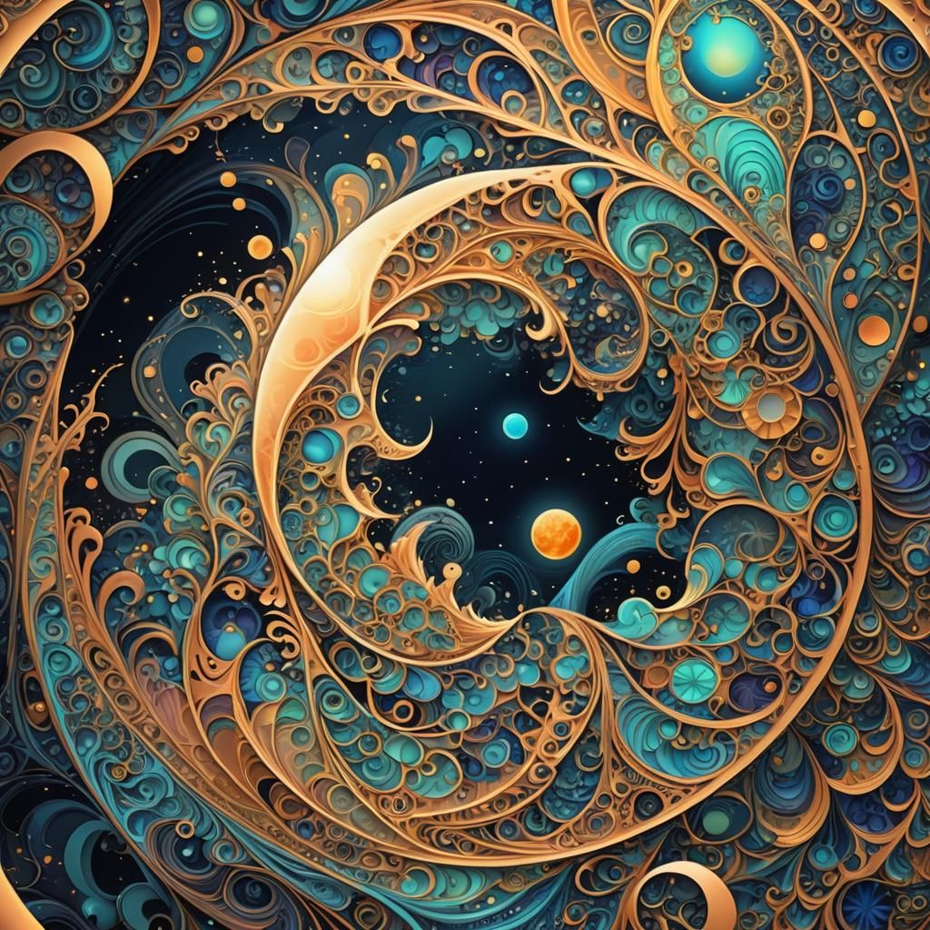 Glowing Moon Orbiting in Abstract Fractal Art
