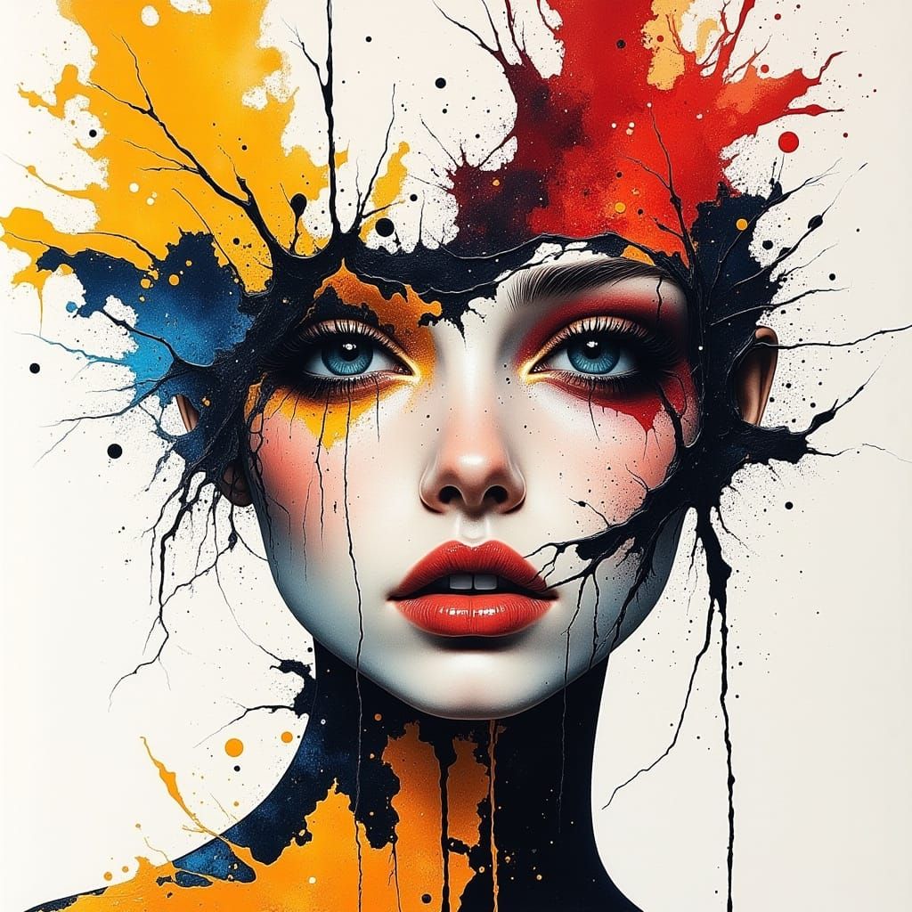 Abstract Portrait in Vibrant Ink and Paint Splatters
