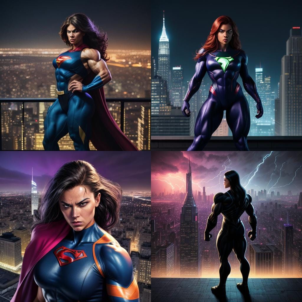 Superheroine Bodybuilder Overlooking City at Night