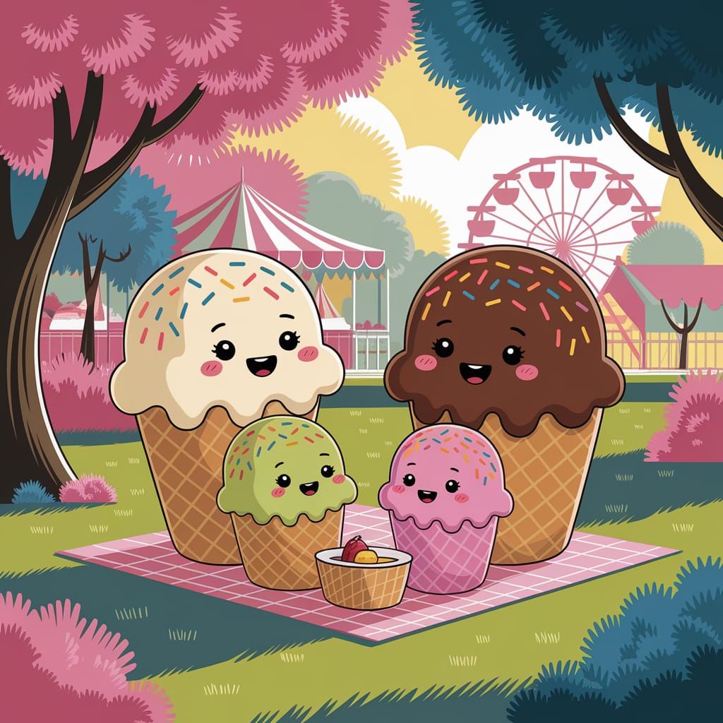 Ice Cream Family Picnic in Pastel Amusement Park