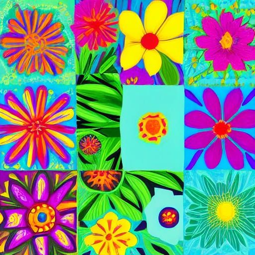 Different flower in each square colourful graphic