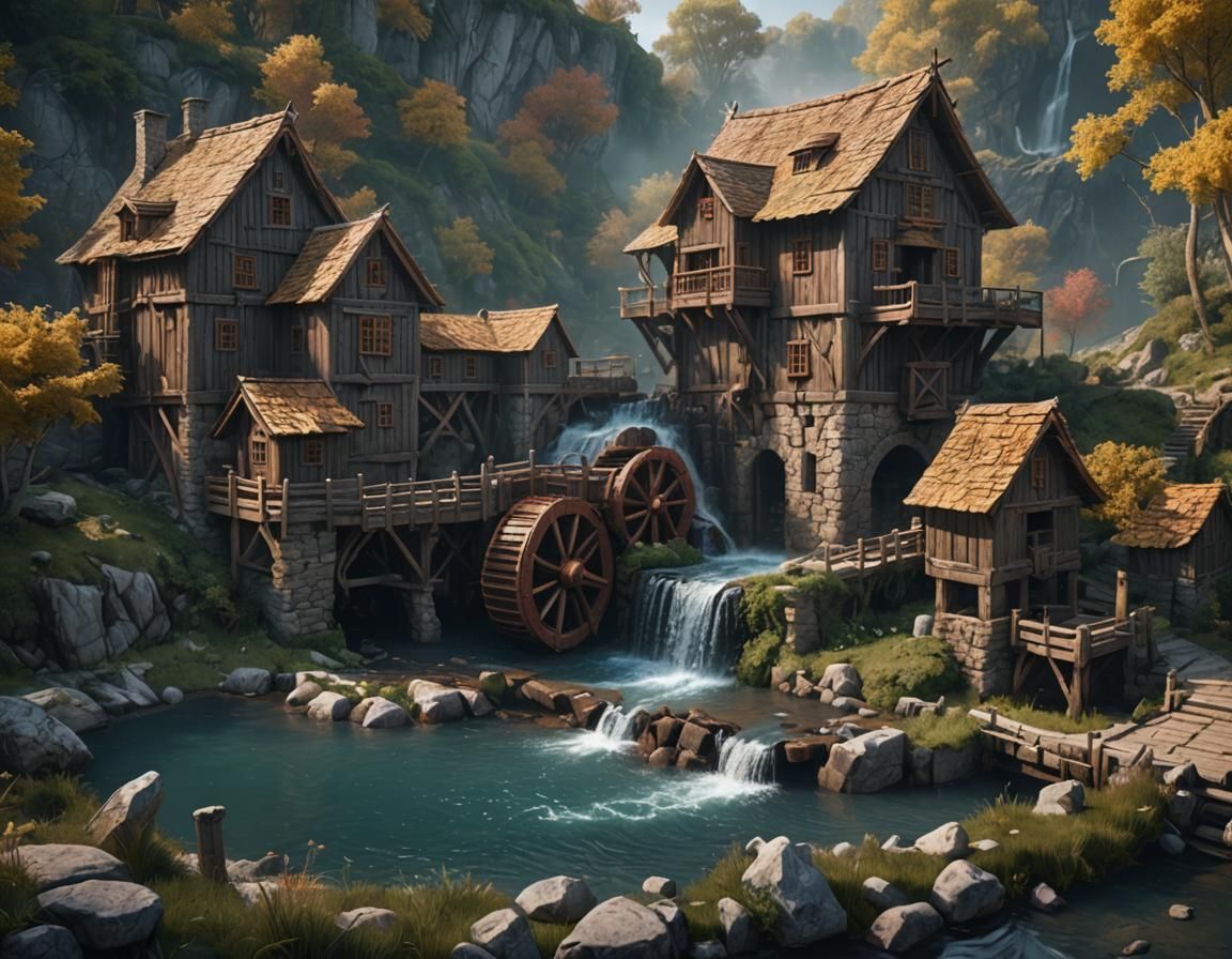 Fantastical Water Mill in Detailed Matte Painting Style