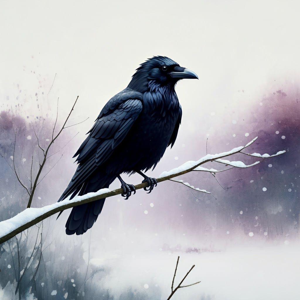 Majestic Black Crow in Serene Winter Landscape with Purple H...