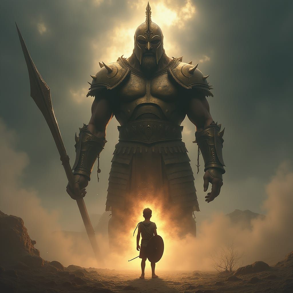 Brave David Faces Giant Goliath in Epic Battle Scene