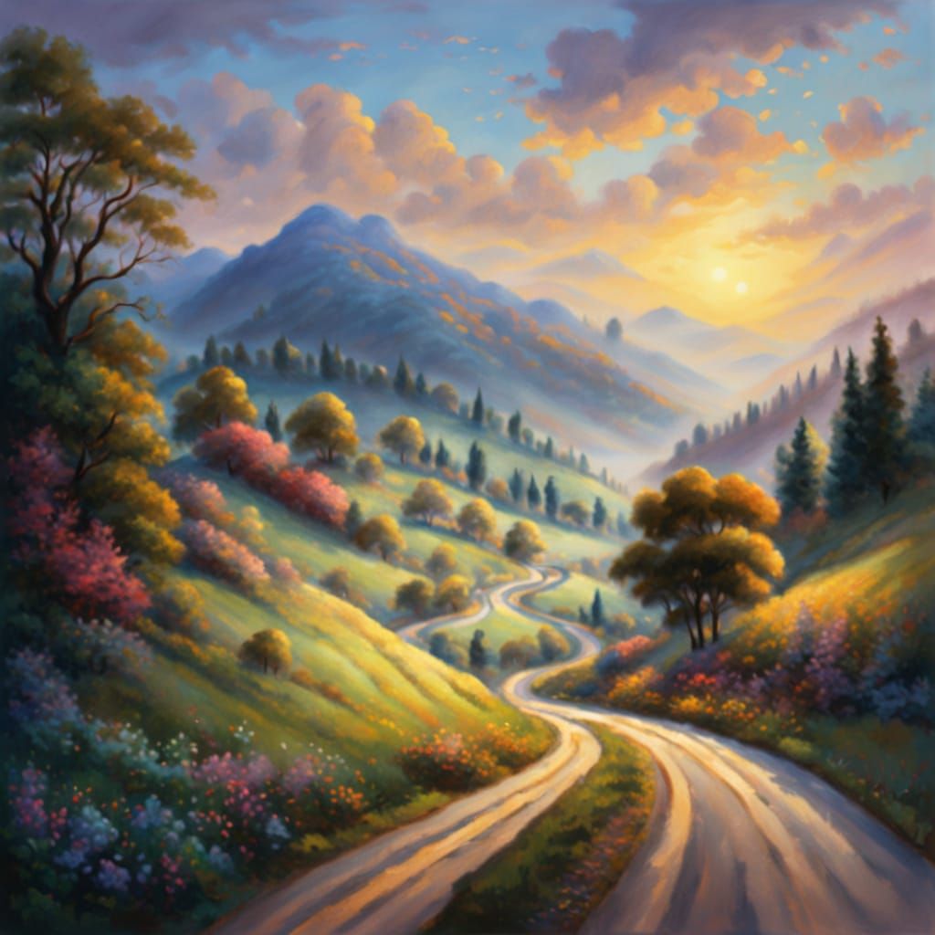 Countryside Road in Ethereal Gouache Painting