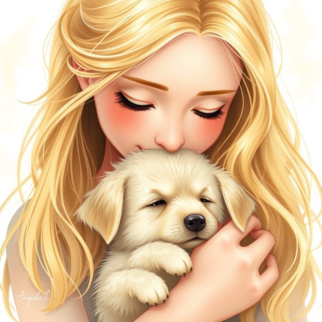 Romantic Moment of Intimacy Between Woman and Puppy