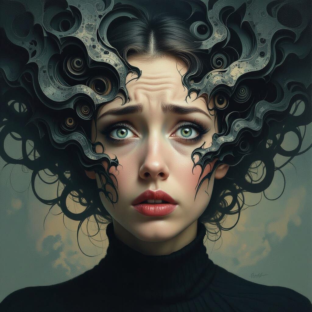 Surreal Horror: Distorted Face in Dark Futuristic Art
