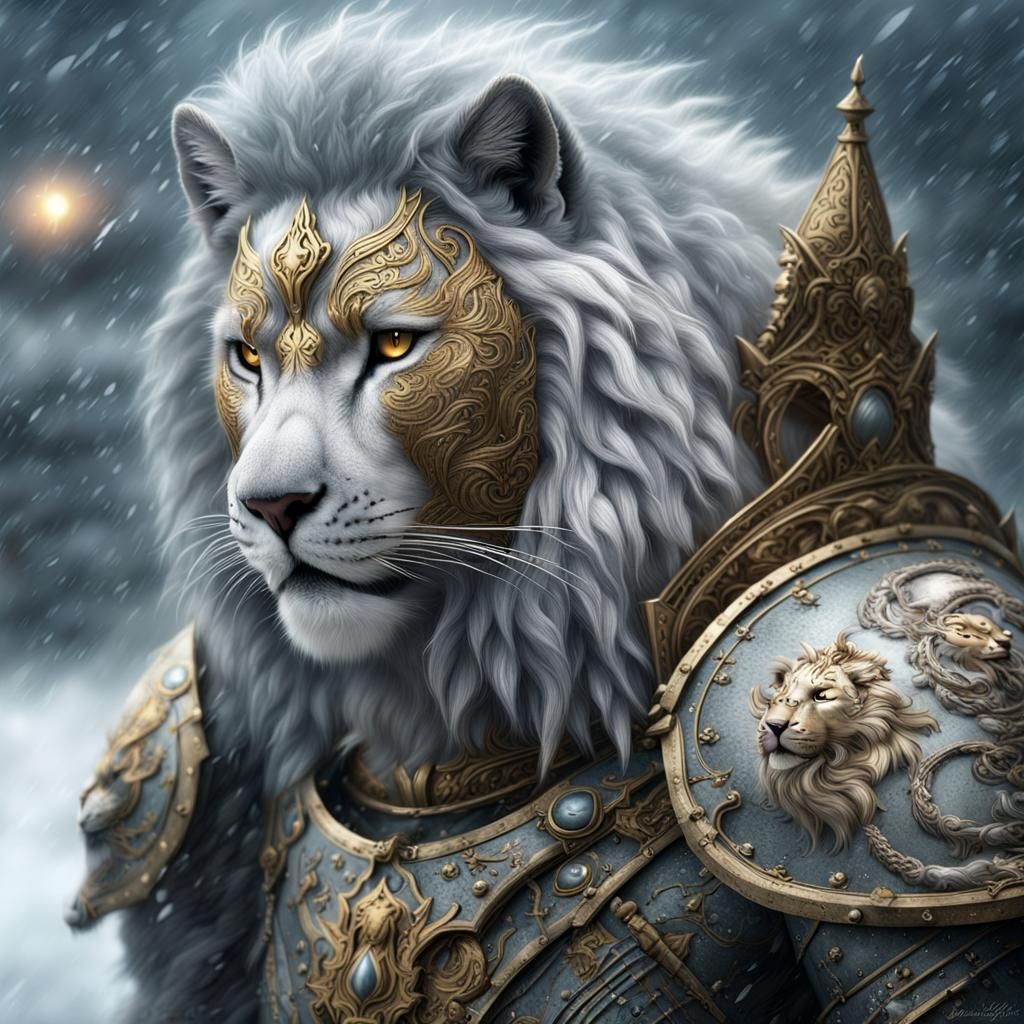 Armored Lion-Cat in Blizzard: Digital Matte Painting