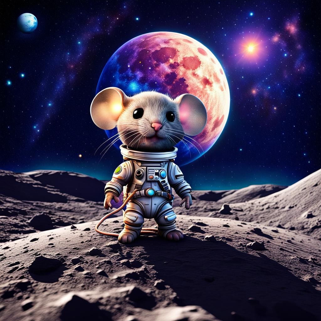Chibi Mouse on Moon with Starry Sky