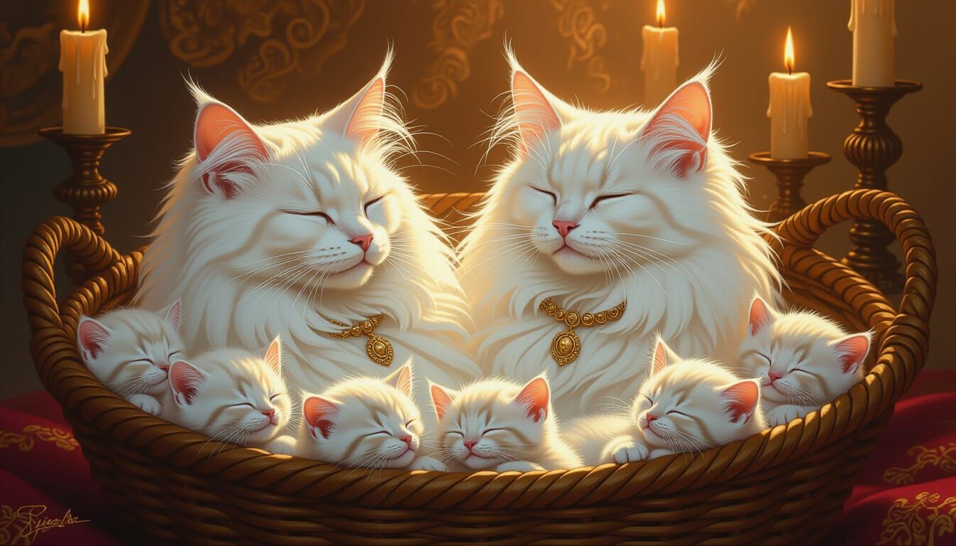 Majestic Cats Watch Sleeping Kittens in Golden Light