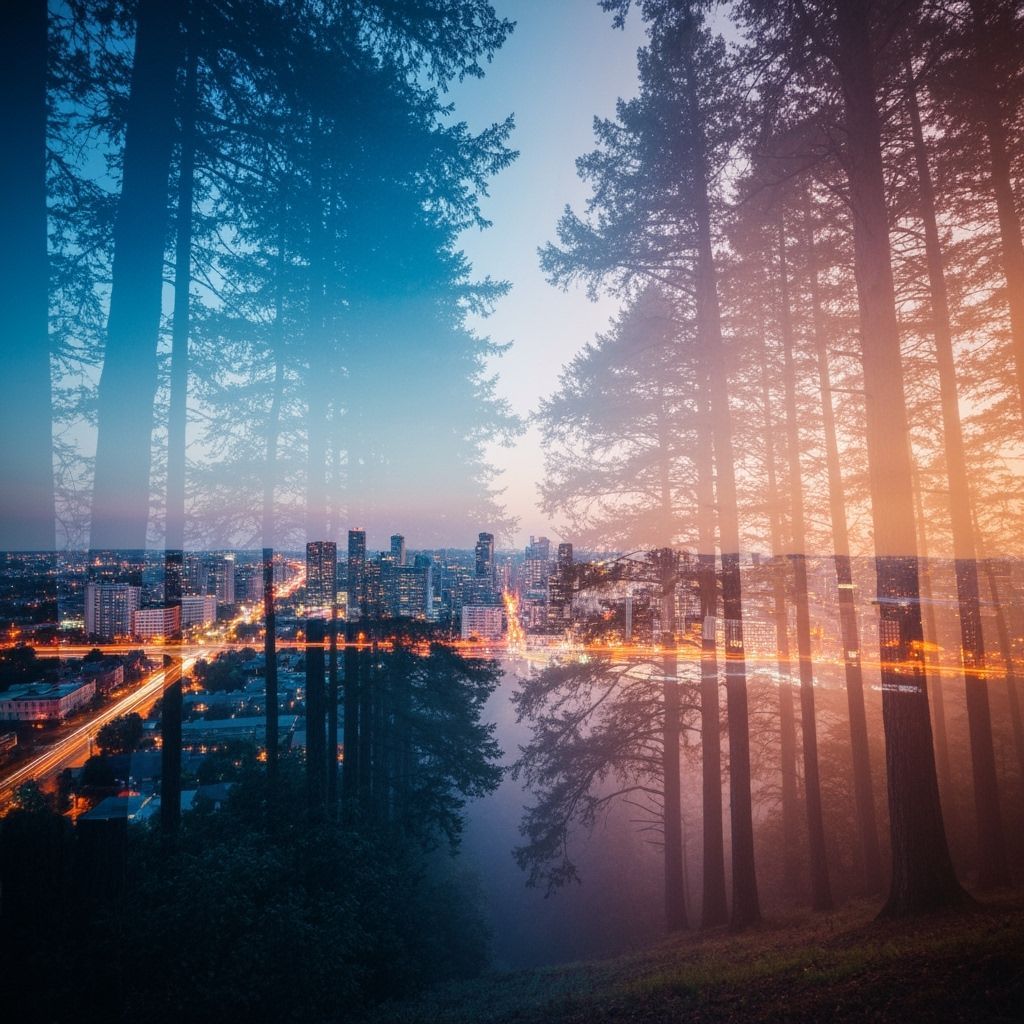 Double Exposure Cityscape and Forest Blend
