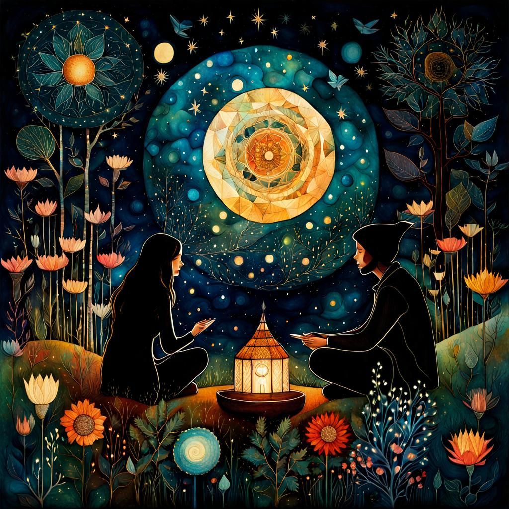 Friends Stargazing at Night: Whimsical Folk Art