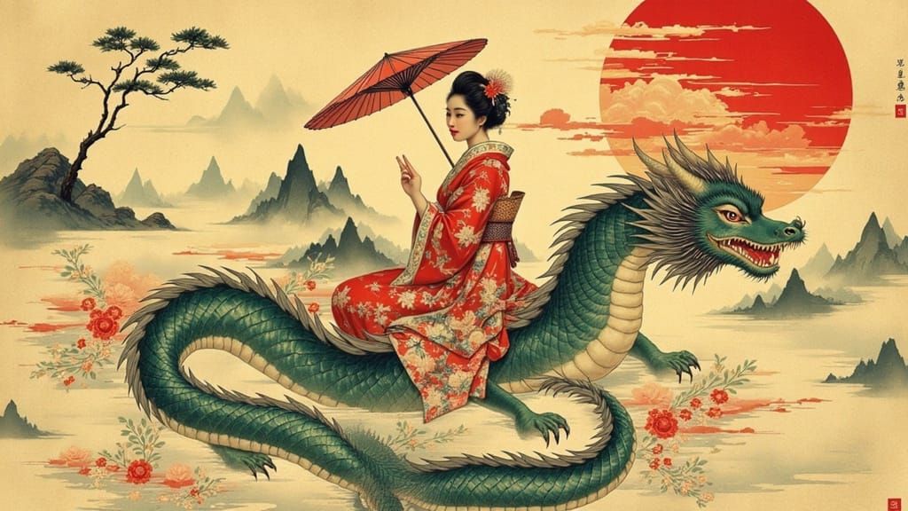 Geisha on Dragon with Parasol, Vintage Japanese Style