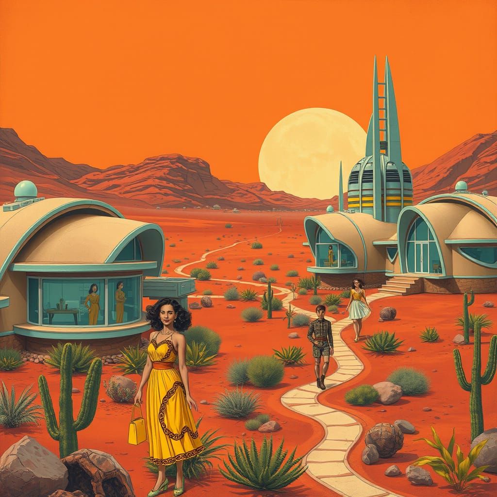 Colonists in Retro-Futuristic Homes on Mars in Vibrant 1950s...