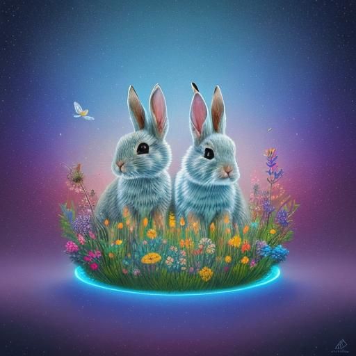 Cosmic Baby Bunnies in Flowers: Astral Illustration