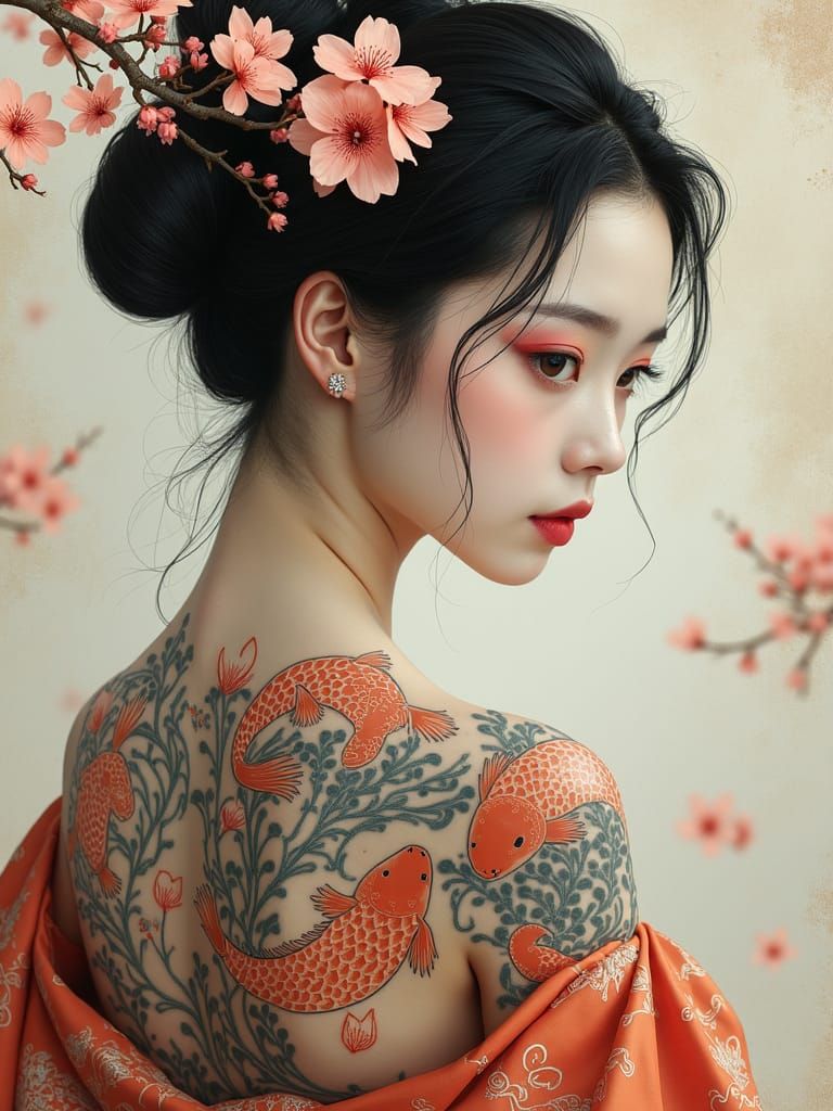Geisha with Koi Tattoo in Ukiyo-e Style