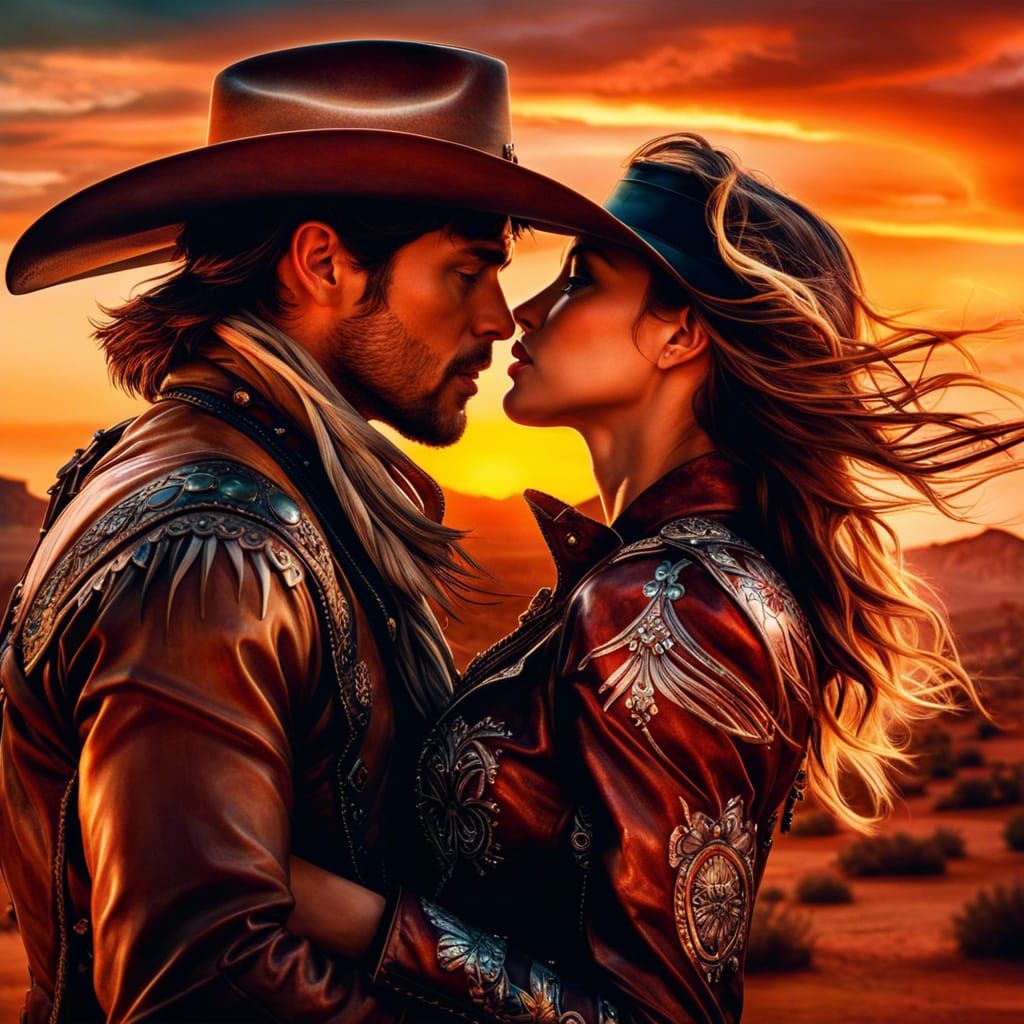 Cowboy and Cowgirl's Kiss at Sunset