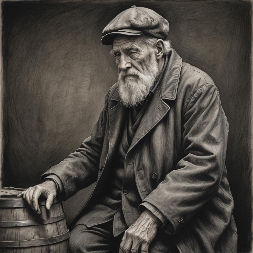 Pensive Old Man in Charcoal Drawing with Dramatic Lighting