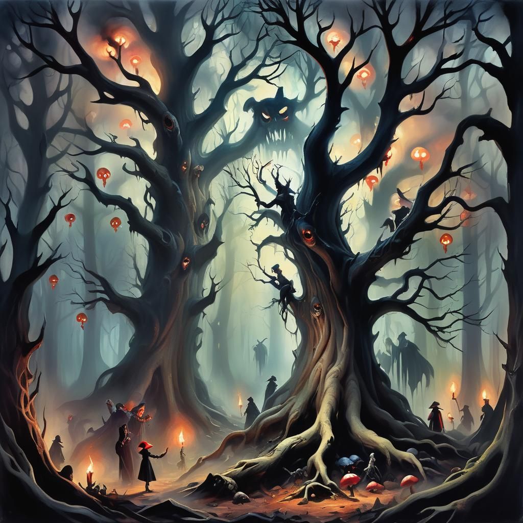 Mystical Forest Gathering: A Dark Fantasy Illustration
