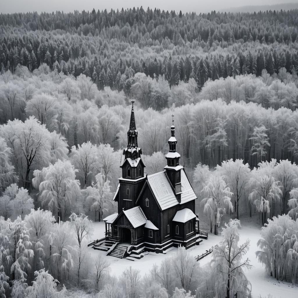 Mystical Slavic Church in Frozen Forest: Monochrome Photogra...