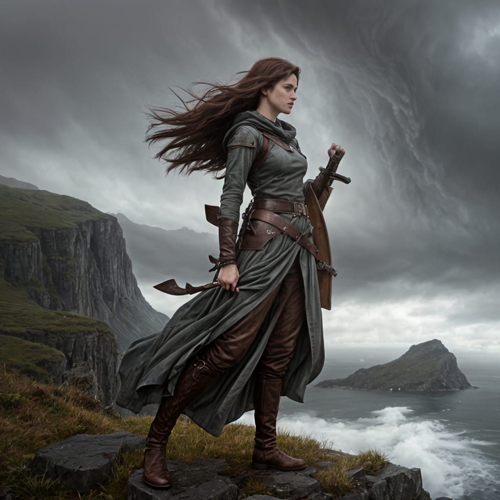 Viking Warrior Maiden on Stormy Fjord Cliff, Digital Matte P...