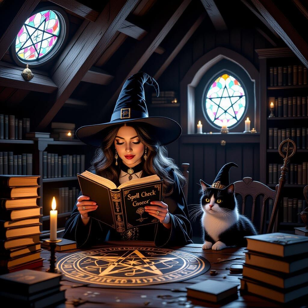 Cute Witch Uses Spell Check Tome in 3D Anime Art