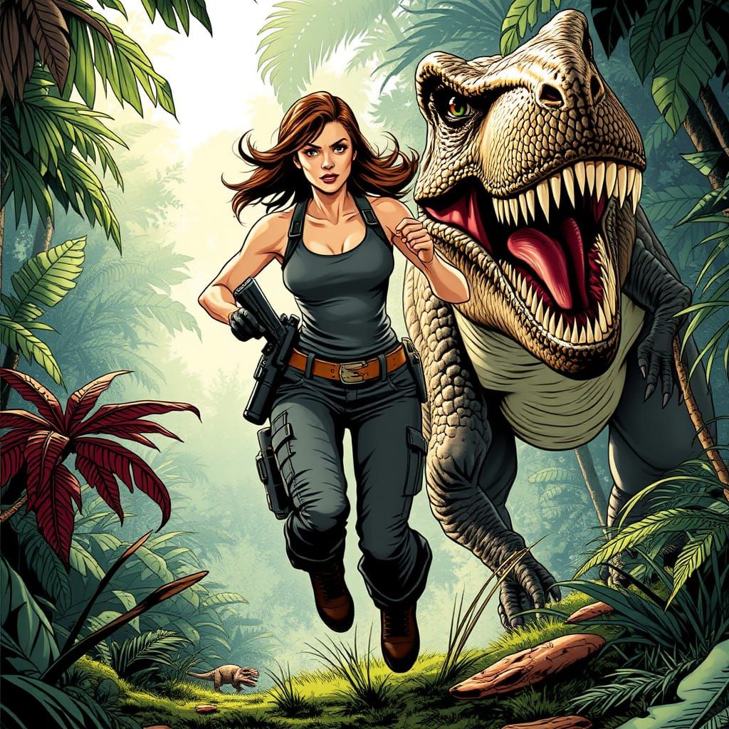 Daring Adventurer Pursued by a Roaring Tyrannosaurus in a Ju...