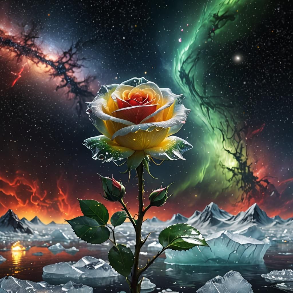 a white  transparent ice rose on a galaxy storm sky, yellow,...