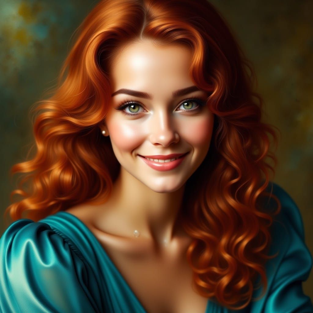 Elegant Woman with Auburn Hair and Teal Blouse