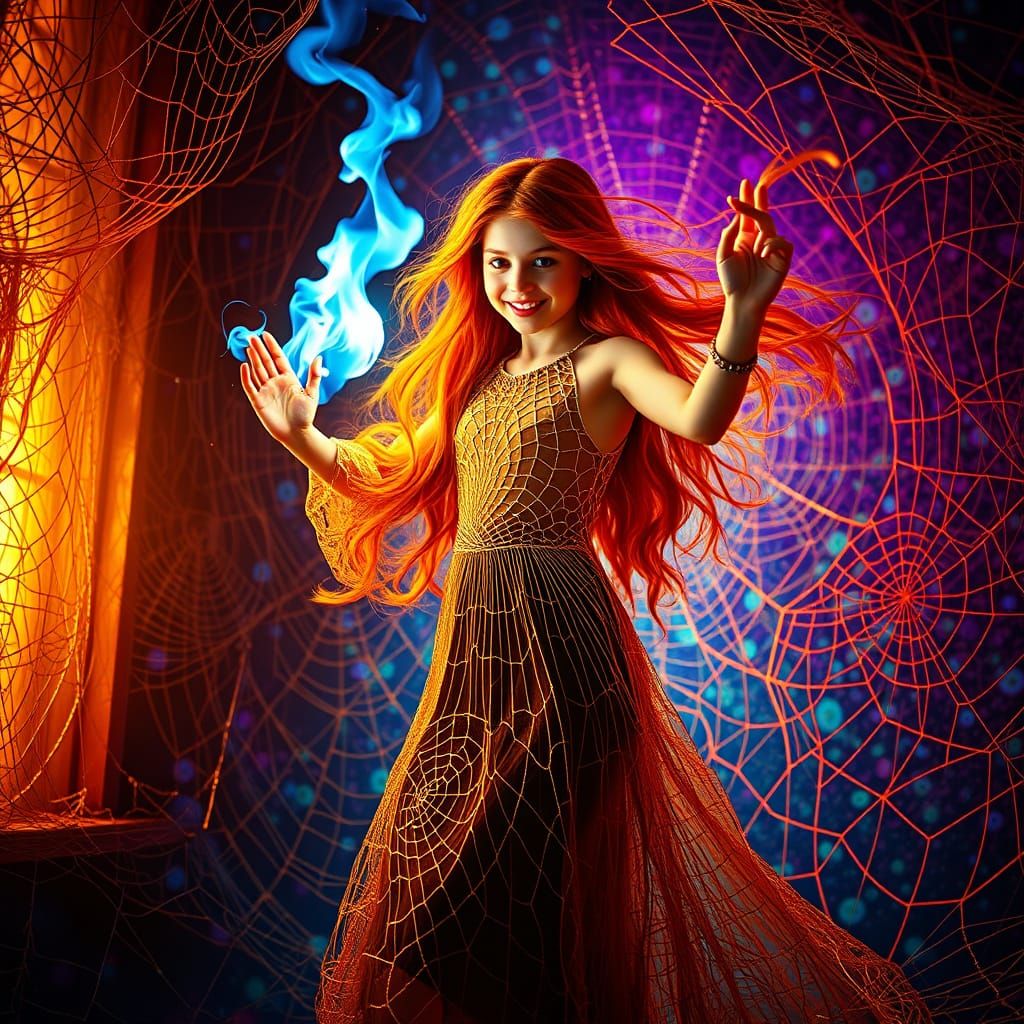 Happy Girl in Spider Web Dress with Fire Spirit